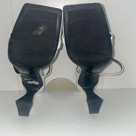 Square toe modern White heels slip on heels double strap heels chunky heel block - Picture 5 of 7